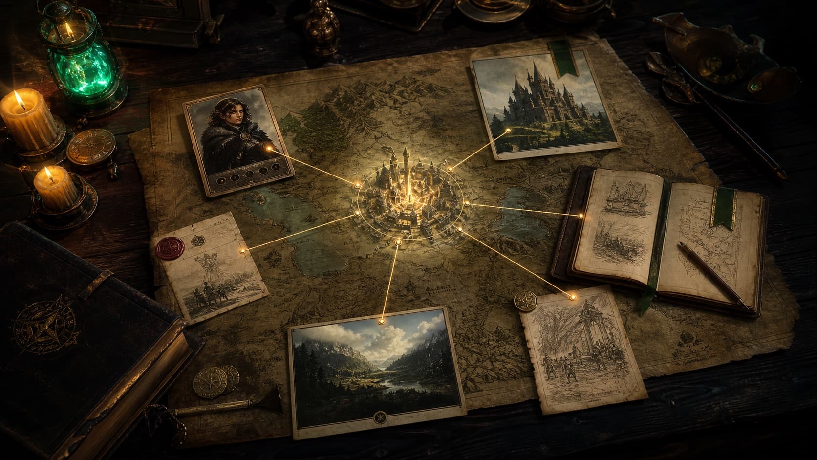 A fantasy campaign map connecting characters, locations, artwork, quests, and session notes